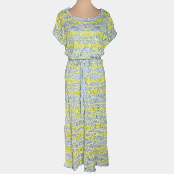 NWOT VERTIGO Sheer Knit Maxi Dress Sz.L Gray Yellow Belted Beach Summer Mesh - Picture 2 of 12